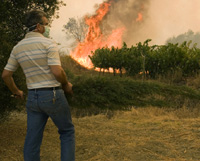 a civilian firefighter wearing a surgeon's face mask for protection from smoke attempts to extinguish flames